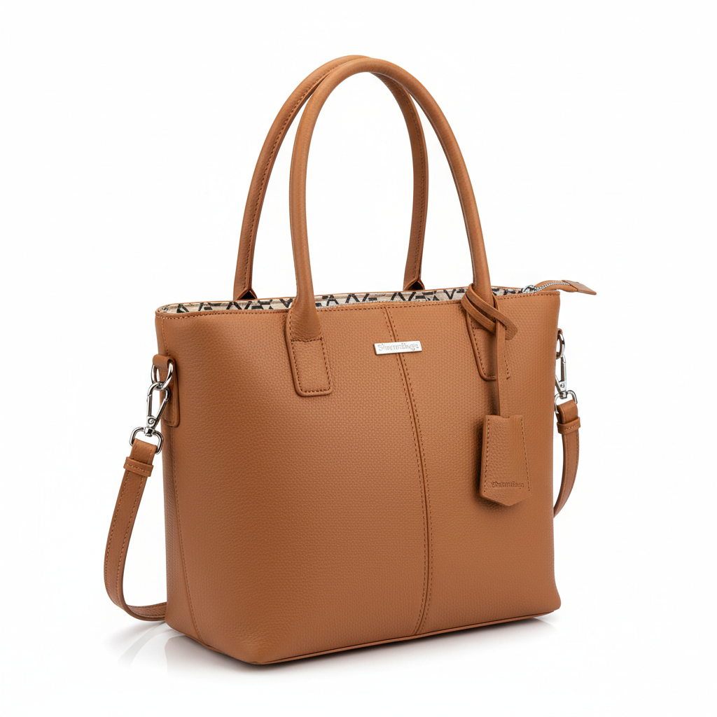 SharonBags women's camel tan leather shoulder tote bag with silver hardware