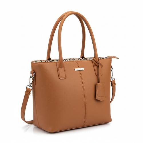 SharonBags women's camel tan leather shoulder tote bag with silver hardware